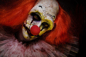 Portrait of terrifying clown, closeup. Halloween party costume