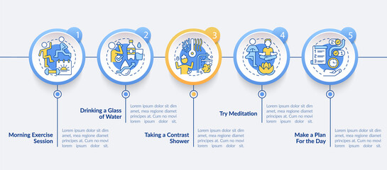 Daily morning routine blue circle infographic template. Healthy life. Data visualization with 5 steps. Process timeline info chart. Workflow layout with line icons. Myriad Pro-Bold, Regular fonts used