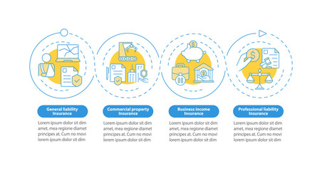 Coverage types blue circle infographic template. Insurance service. Data visualization with 4 steps. Process timeline info chart. Workflow layout with line icons. Myriad Pro-Bold, Regular fonts used