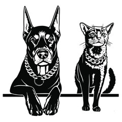Cool cat and dog. Peeking Doberman. Vector hand drawn illustration. Vinyl Cutting and Printing File