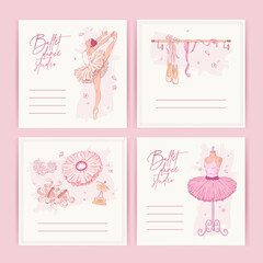 Fototapeta na wymiar Set of hand drawn square banners with ballerina and ballet accessories. Ballet greeting card collection. Vector illustration