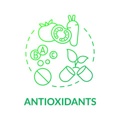Antioxidants green gradient concept icon. Nutrition for healthcare. Fitness supplements abstract idea thin line illustration. Isolated outline drawing. Roboto-Medium, Myriad Pro-Bold fonts used