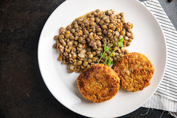 vegetable cutlet and green lentils healthy meal food snack on the table copy space food background rustic top view veggie vegan or vegetarian food