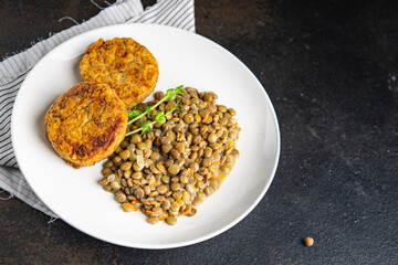 vegetable cutlet and green lentils healthy meal food snack on the table copy space food background rustic top view veggie vegan or vegetarian food