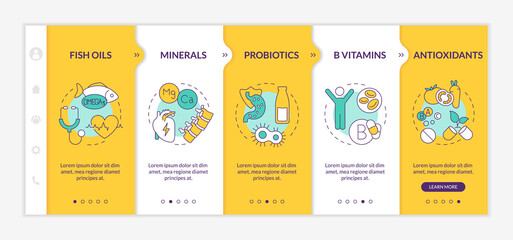 Dietary supplements yellow and orange onboarding template. Fitness food. Responsive mobile website with linear concept icons. Web page walkthrough 5 step screens. Lato-Bold, Regular fonts used