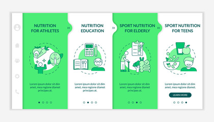 Eating for exercise and sport green and white onboarding template. Choose food. Responsive mobile website with linear concept icons. Web page walkthrough 4 step screens. Lato-Bold, Regular fonts used