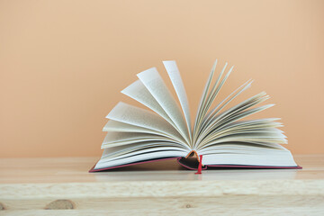 pages spread of open book isolated on wood background.