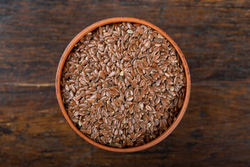 Сlaybowl with flax seeds. Top view.