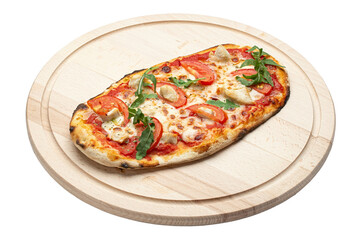 Delicious pizza served on wooden plate isolated on white background. File contains clipping path. Concept for advertising flyer and poster for restaurants or pizzerias,