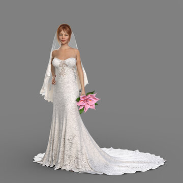 Full length portrait of a beautiful bride in her white wedding dress and veil holding a bouquet of pink lillies. 3D rendering isolated on a grey background.