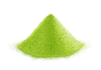 Pile of matcha powder green tea. Realistic sketch. Japanese beverage. Shredded leaves for green tea drink. Vintage pointillism style. Engraved vector.