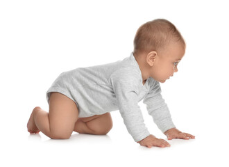 Cute little baby crawling on white background
