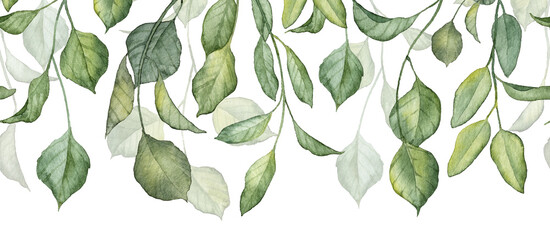Long seamless banner with watercolor hand painted green leaves on twigs hanging down. Design header for greeting cards and cards
