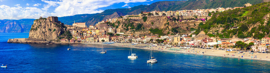 Fototapeta na wymiar Travel and landmarks of Italy. medieval coastal town Scilla in Calabria. panoramic view with townscape and beach