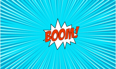 Abstract blue comic style zoom background with lines design with word boom