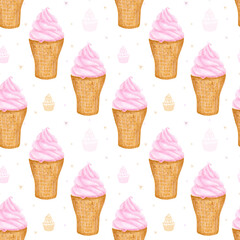Watercolor ice cream in a crispy waffle cup. Seamless pattern with ice cream on a light background. Airy cool ice cream. Summer dessert. Hand drawing.