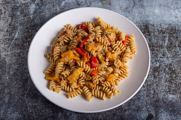 Pasta with peperoni, tuna and onion. Typical dish of the Mediterranean diet