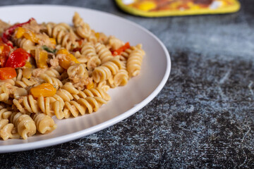 Pasta with peperoni, tuna and onion. Typical dish of the Mediterranean diet