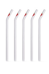 Detailed shot of reusable glass straws. The straws are made of transparent glass with strawberry pattern. The set of eco-friendly curved cocktail straws is isolated on the white background.