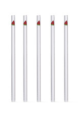 Detailed shot of reusable glass straws. The straws are made of transparent glass with a pattern of watermelon slice. The set of eco-friendly straight cocktail straws is isolated on the white backgroun