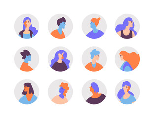 Set of head shot characters man and women trendy flat style. Portrait, user or avatar teenager, young people