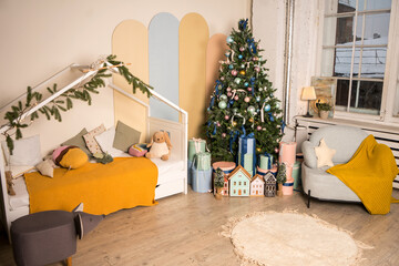 Christmas interior children's room, bedroom, nursery. Wooden shelves and toys.