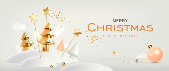Merry Christmas and happy New Year white background. Xmas decoration, gold and white christmas tree in snowdrifts. Modern 3d realistic style.Vector illustration