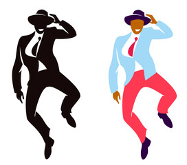 Silhouette of happy jumping young man with hat, vector illustration on white background