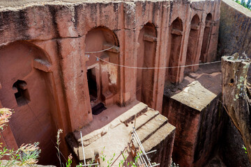 Lalibela, Ethiopia - August 20, 2020: Outside view to the Ancient African Churches 