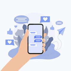 Hand holding smartphone, online chatting speech bubbles. Mobile phone messenger concept, Internet technologies banner design on flat background. Vector illustration.