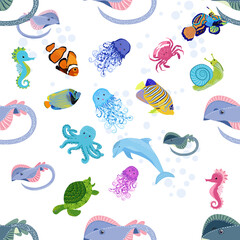 Obraz premium Marine life, fish, animals bright seamless pattern. sea travel, underwater diving animal tropical fish. Jellyfish, whale, shark, seahorse, clown fish, dolphin, turtle, emperor