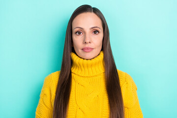 Photo of serious confident woman wear yellow collar sweater isolated turquoise color background