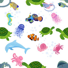 Marine life, fish, animals bright seamless pattern. sea travel, underwater diving animal tropical fish. Jellyfish, whale, shark, seahorse, clown fish, dolphin, turtle, emperor
