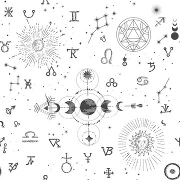 Seamless esoteric pattern. Astrological, magical and esoteric symbols. Background from a manuscript with occult sketches and sloppy handwritten text in the style of a sketch
