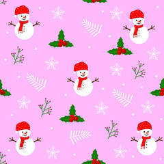 Christmas pattern with snowman in pink, red and white