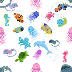 Marine life, fish, animals bright seamless pattern. sea travel, underwater diving animal tropical fish. Jellyfish, whale, shark, seahorse, clown fish, dolphin, turtle, emperor