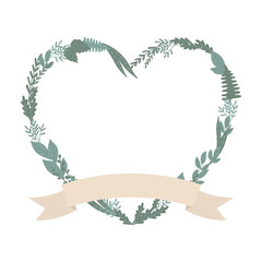 Vector illustration  heart frame with flowers and ribbon. Mother's day, Valentine's day, wedding, love bohemian concept for cards, invitations