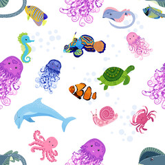 Fototapeta premium Marine life, fish, animals bright seamless pattern. sea travel, underwater diving animal tropical fish. Jellyfish, whale, shark, seahorse, clown fish, dolphin, turtle, emperor