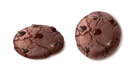 3d realistic vector icon. Chcolate chip cookie in side and front view.