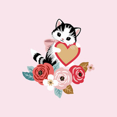 Cute hand drawn vector vintage Valentine cat with heart and flowers. Perfect for tee shirt logo, greeting card, poster, invitation or print nursery design.