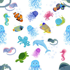 Marine life, fish, animals bright seamless pattern. sea travel, underwater diving animal tropical fish. Jellyfish, whale, shark, seahorse, clown fish, dolphin, turtle, emperor