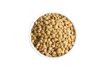 Brown lentils in a cup from above