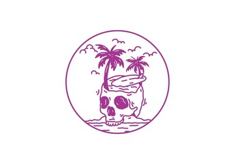 Skull head surfing line art illustration