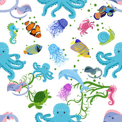 Marine life, fish, animals bright seamless pattern. sea travel, underwater diving animal tropical fish. Jellyfish, whale, shark, seahorse, clown fish, dolphin, turtle, emperor