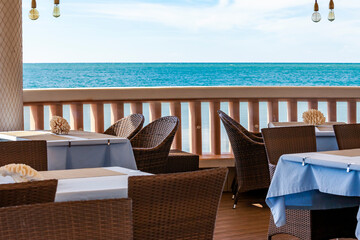 Sochi, Russia, October 18, 2021. Picturesque  cafe at the seashore