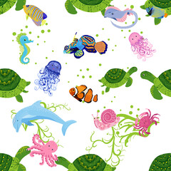 Marine life, fish, animals bright seamless pattern. sea travel, underwater diving animal tropical fish. Jellyfish, whale, shark, seahorse, clown fish, dolphin, turtle, emperor