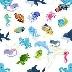 Fototapeta premium Marine life, fish, animals bright seamless pattern. sea travel, underwater diving animal tropical fish. Jellyfish, whale, shark, seahorse, clown fish, dolphin, turtle, emperor