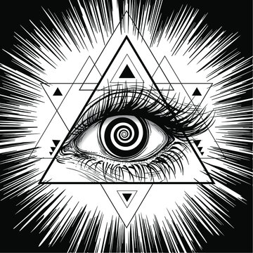 Vector illustration of the all-seeing eye. The symbol of the Masons in a modern triangle shapes and bright rays design like modern tattoos.