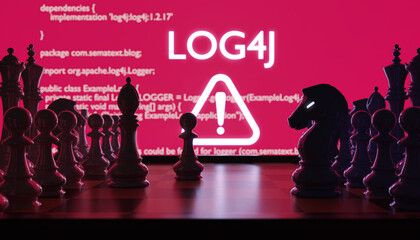 Chess board with text Log4j, warning sign and digital numbers. Cyberspace and vulnerability. 3D rendering.