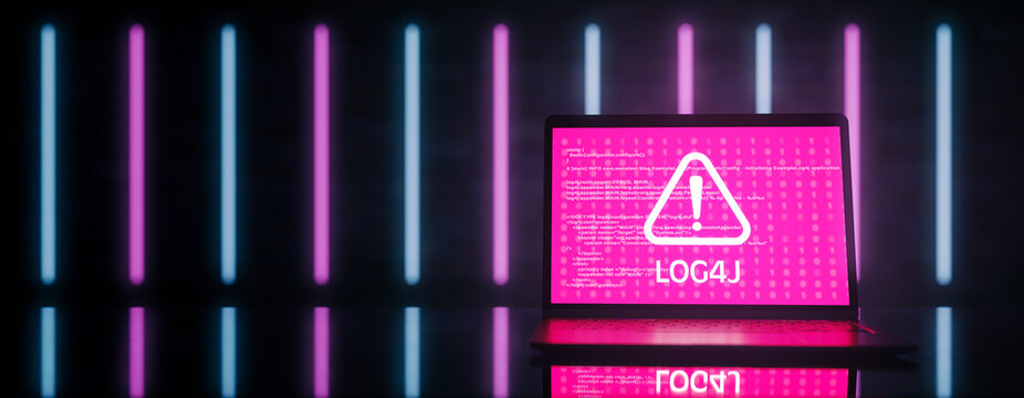 Java code of log4j with security lock, warning sign and digital numbers. Cyberspace and vulnerability. 3D rendering.